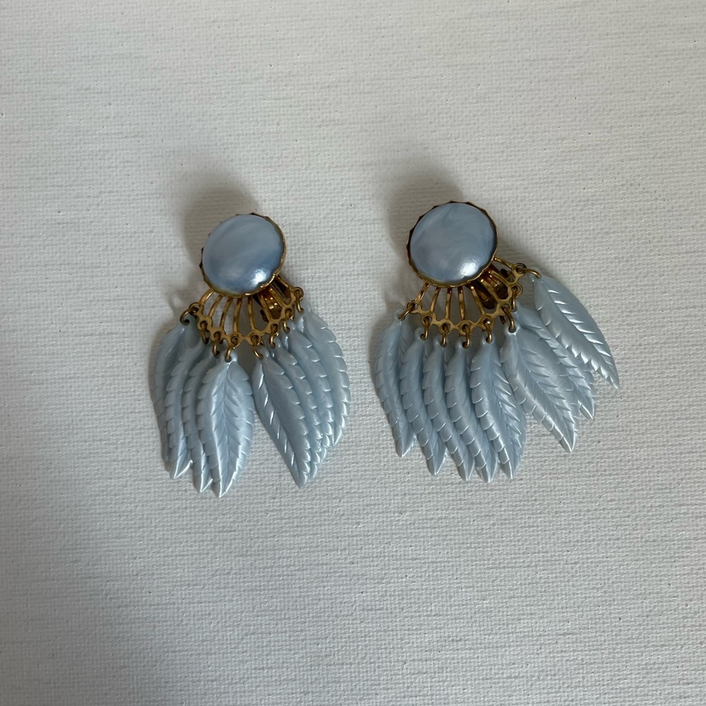 Vintage Blue Lucite Leaf with Goldtone Clip-on Earrings